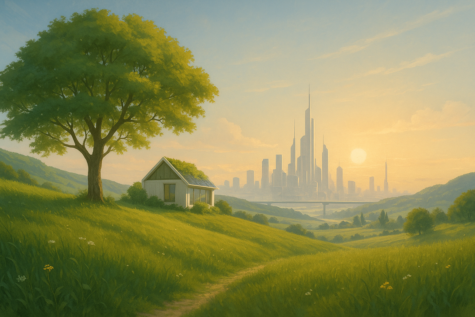 Dreamy retro-futurist landscape with a cabin in the foreground and futuristic city in the distance
